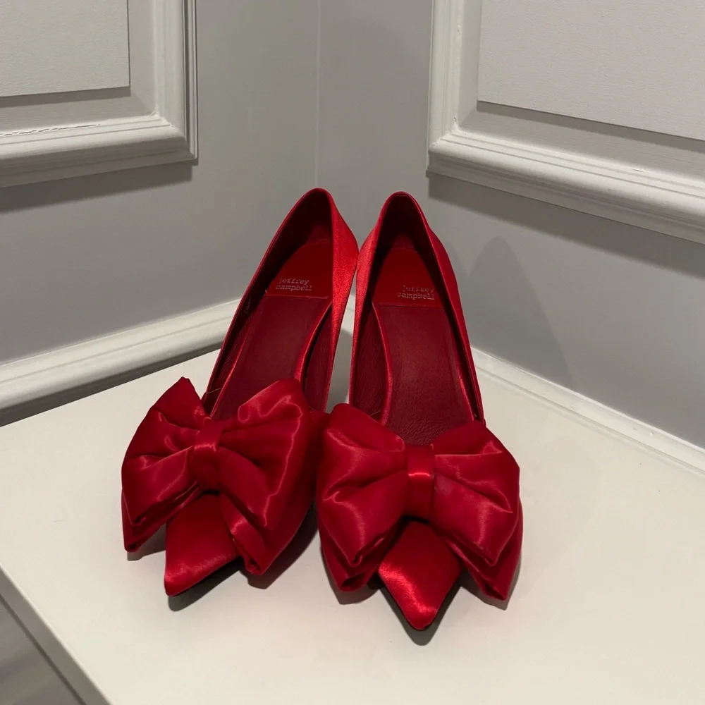 Jeffrey Campbell Red Satin Heels with Bow Detail - Picture 5 of 9